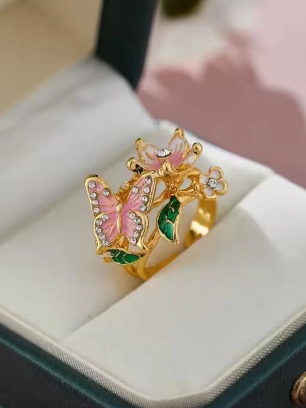 Anthropologie Gold Tone Ring with Pink Enamel Butterfly & Floral Accents